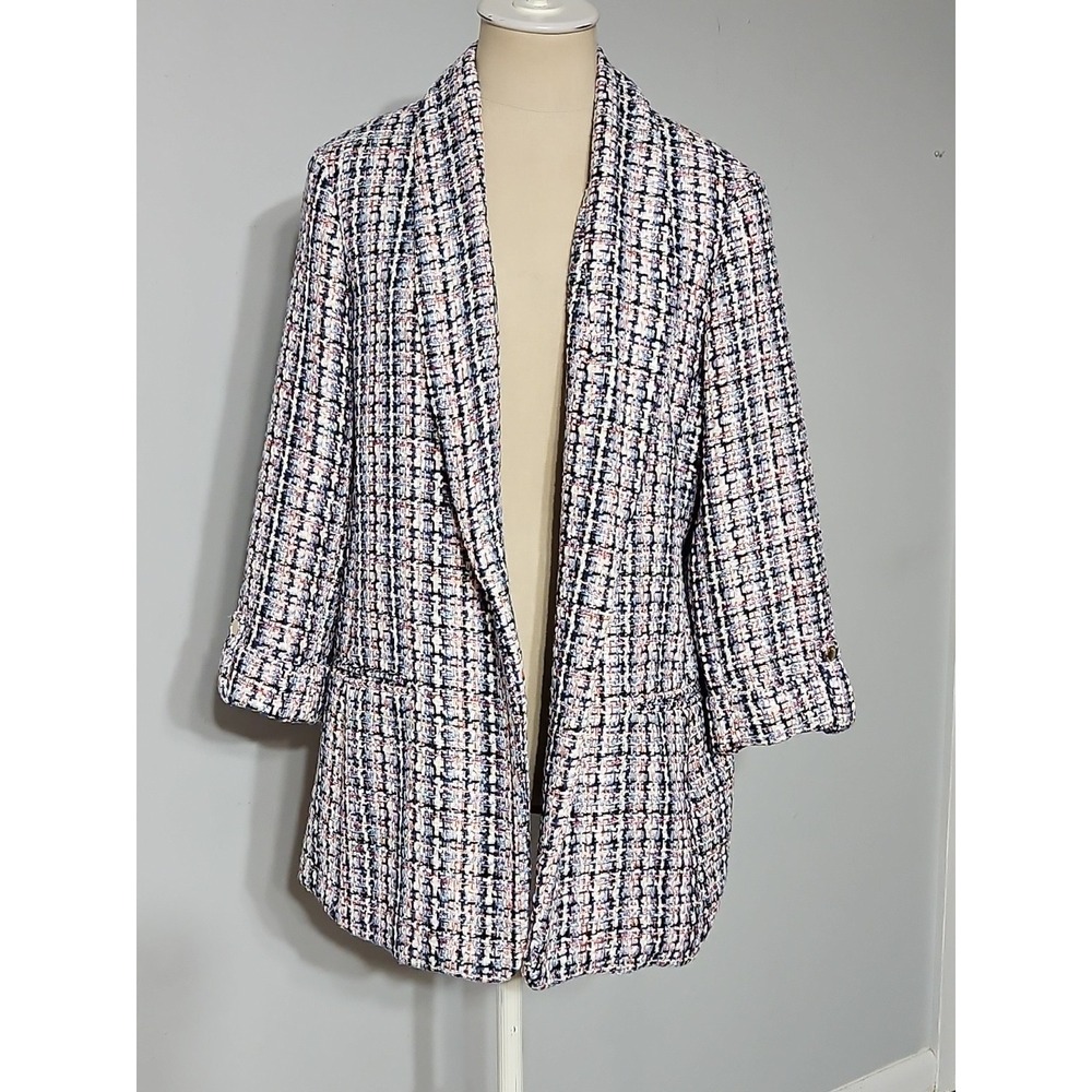 Anne Klein Women's Multicolor 3/4-sleeves Open-Front Tweed Jacket/Blazer Large